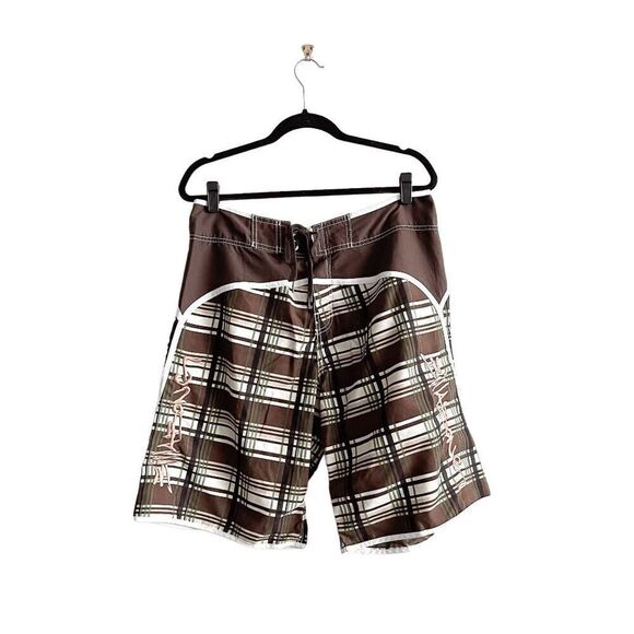 Billabong Mens Board Shorts Plaid Embroidered Signature Trunks Brown Sz 36 - Picture 1 of 10